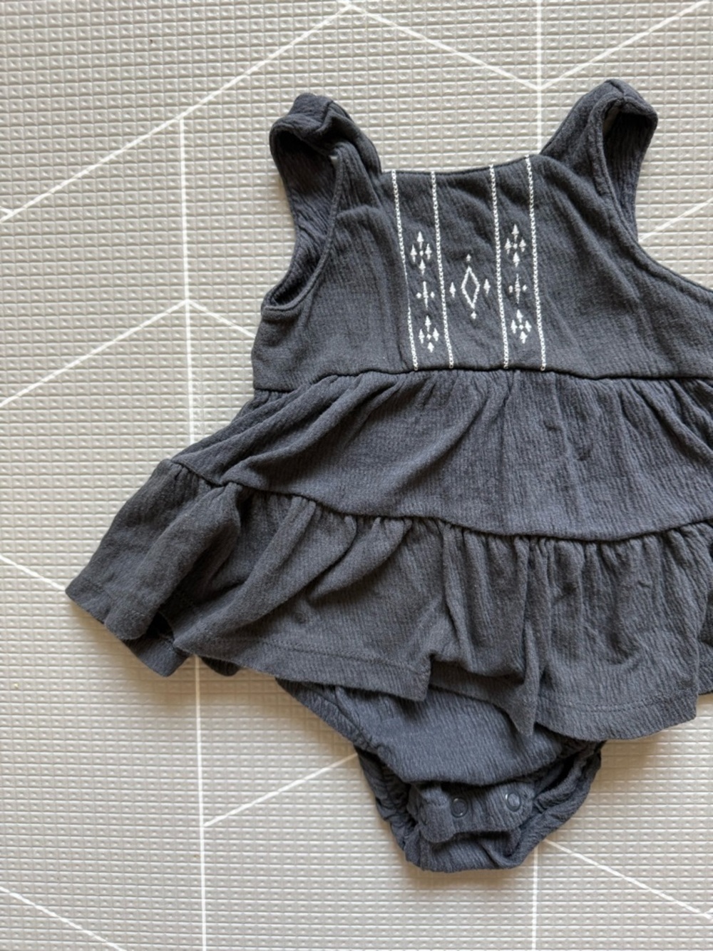 Carters|Baby girl Charcoal gauzy knit onesie Dress with White Embroidery•Boho